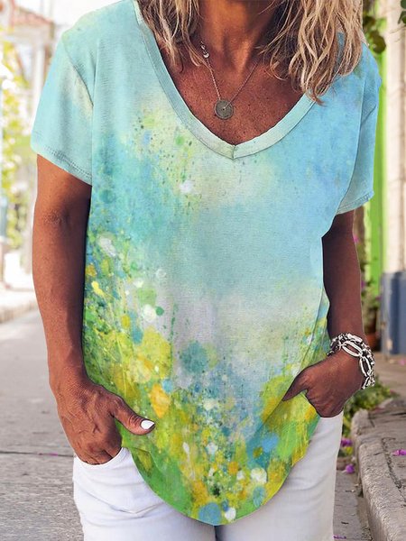 

Gradient Abstract Print V-Neck Short Sleeve T-Shirt, As picture, T-shirts
