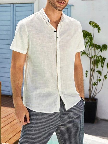 

Cotton Linen Style American Casual Basic Versatile Linen Shirt, White, Men's basic shirt