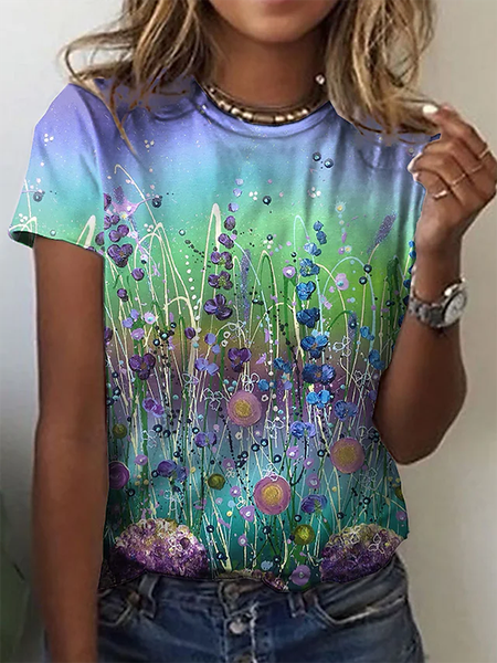 

Floral Crew Neck Casual Short Sleeve T-Shirt, As picture, T-Shirts