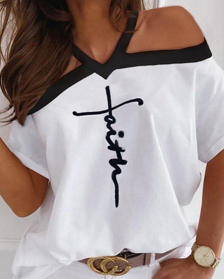 Faith Printed Off The Shoulder Short Sleeve Loosen T-Shirt, White, T-Shirts