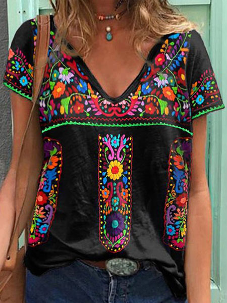 

Tribal V Neck Cotton Blends Vintage Short Sleeve Tops, Black, T-Shirts