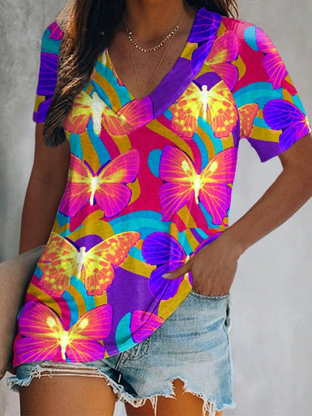 

Regular Fit Butterfly V Neck Short Sleeve T-Shirt, Multicolor, T-Shirts