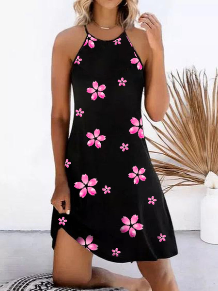 

Casual Short Sleeve Sakura Pattern Knit Dress, Black, Mini Dresses