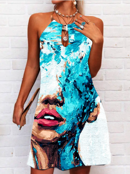 

Blue and white flowing gradient human head fashion art pattern dress Halter Short Sleeve Knit Dress, Dresses