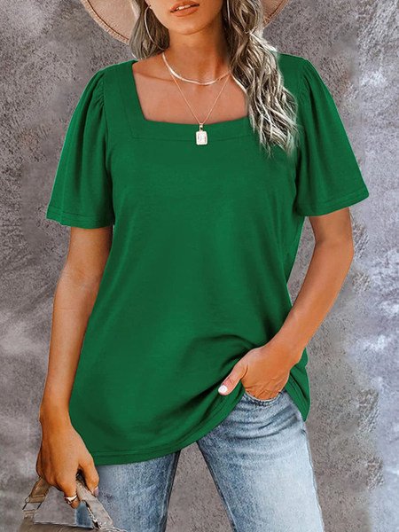 

Square Neck Solid Loosen Short Sleeve T-Shirt, Green, T-Shirts