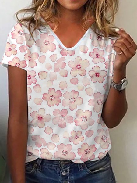 

V Neck Cotton Blends Loosen Short Sleeve T-Shirt, As picture, T-Shirts