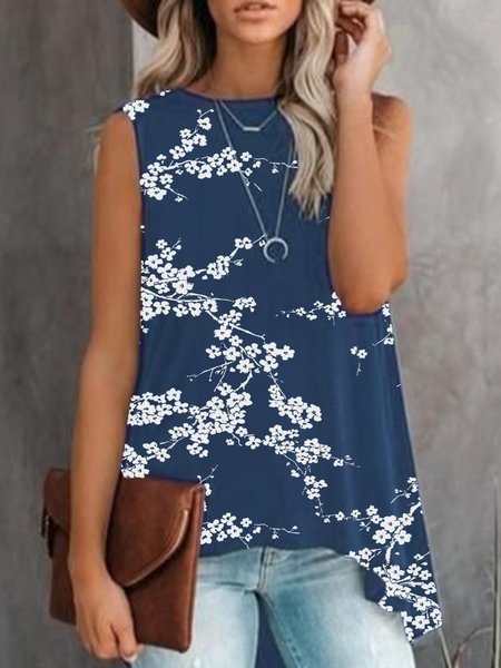 

Floral Casual Loosen Sleeveless Tank Tops, Deep blue, Tank Top