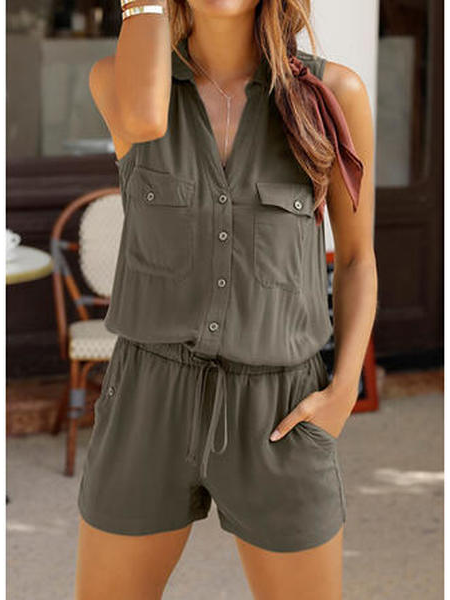 

Plain V Neck Sleeveless Jumpsuit & Romper, Army green, Jumpsuits & Rompers