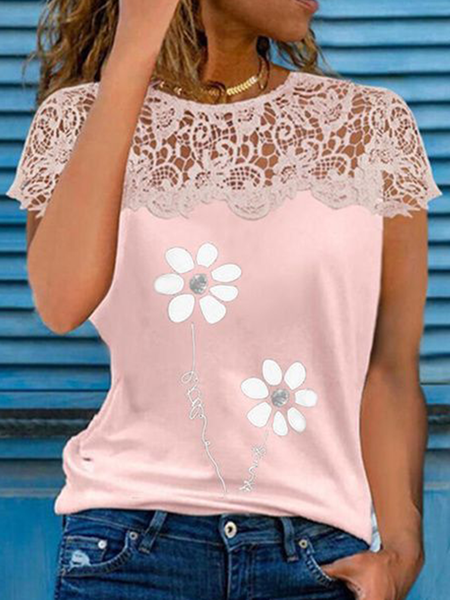 

Holiday floral print lace blouse T-shirt Plus Size, Pink, T-Shirts