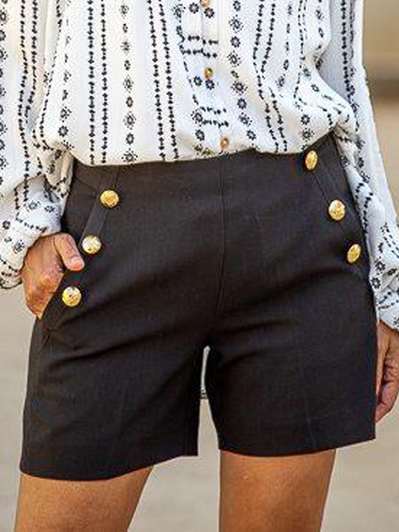 

Solid Buttoned Loosen Shorts, Black, Shorts