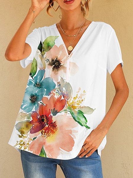 

Rose Watercolor Floral Zip-Front Casual V-Neck Tops, White, Tees & T-shirts