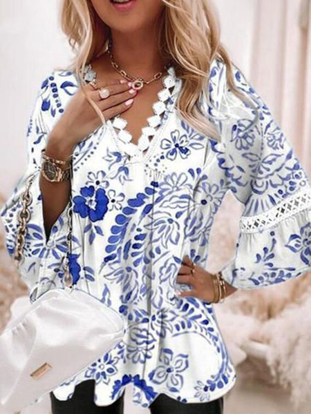 

Flare Sleeve Floral Vacation Loosen V Neck Long Sleeve Blouse Tops, Flower, Tops