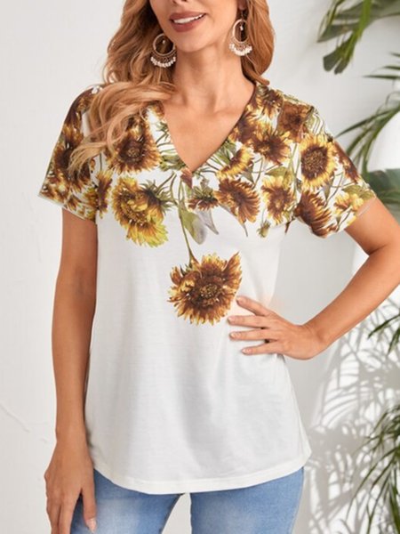 

Floral V Neck Loosen Short Sleeve Tops, White, T-Shirts