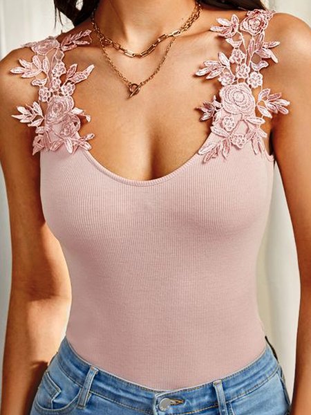 

Romantic Solid U-Neck Regular Fit Knit Tank Tops, Pink, Tank Top