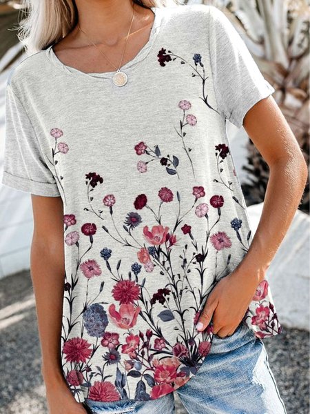 

Floral Casual Crew Neck Cotton Blends Short Sleeve T-Shirt, Flower, Tees & T-shirts