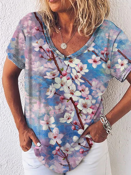 

Plus size Cherry Blossoms Printed Short Sleeve T-Shirt, Multicolor, T-Shirts