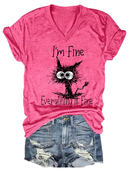 

I Am Fine Everything Is Fine Slogan Tshirt Print Tee Casual T-shirt, Pink, T-shirts