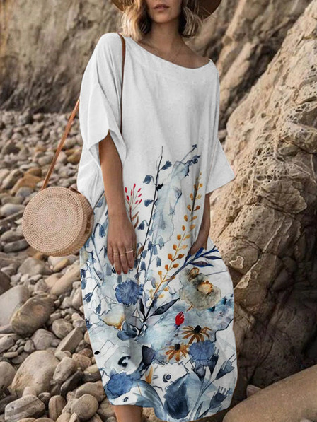 

Floral Scoop Neckline Short Sleeve Woven Dress, White, Dresses