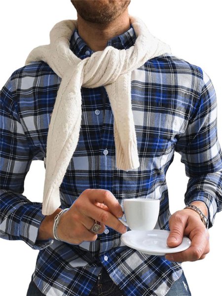 Cotton Casual Plaid Long Sleeve Shirt Men, Blue, Shirt