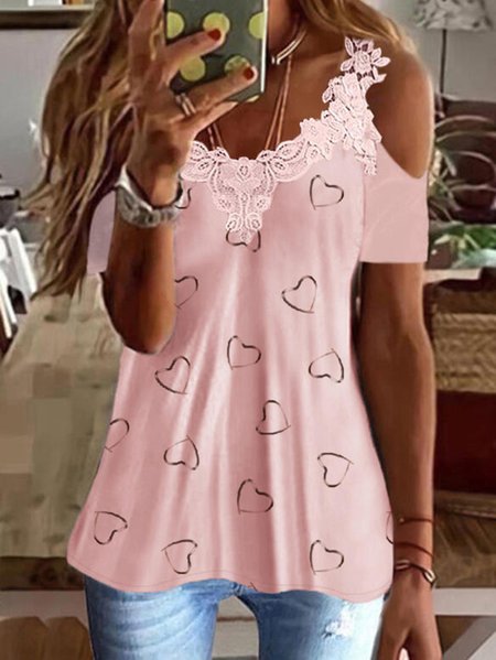

Heart V Neck Casual Short Sleeve T-Shirt, Pink, T-Shirts