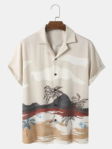 

Cotton Linen Style Botanical Coconut Tree Print Style Men's Linen Shirt, As picture, Shirts ＆ Blouse