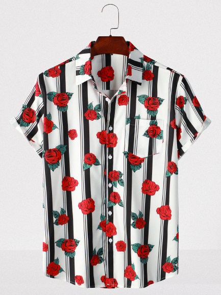 

Mens Aloha Rose Striped Print Loose Chest Pocket Short Sleeve Funky Hawaiian Shirts, White, Men's Floral shirt