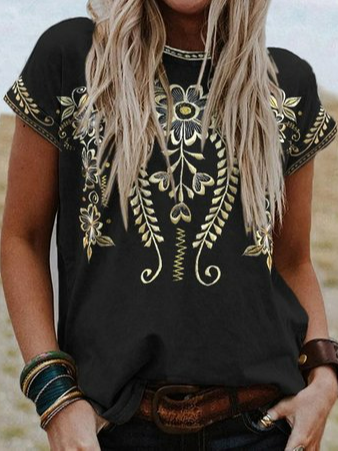 

Vintage Cotton Blends Tribal Short Sleeve Tops, Black, T-Shirts