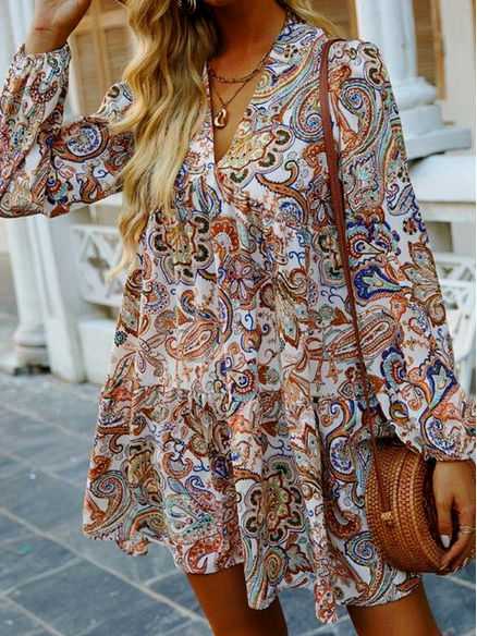 

Vacation Loosen V Neck Long Sleeve Women Dress, Multicolor, Mini Dresses