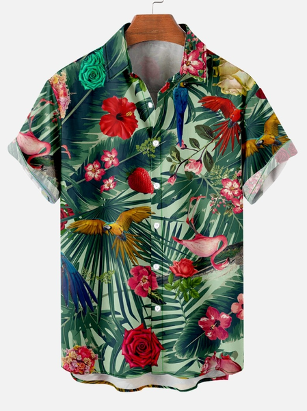 

Casual Resort Style Flamingo Botanical Print Shirt, As picture, Short Sleeves Shirts