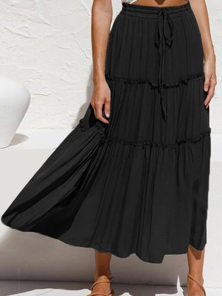 

Loosen Lace-Up Casual Long Skirt, Black, Skirts