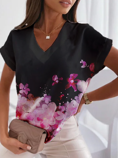 

V Neck Casual Short Sleeve T-Shirt, Black, T-Shirts