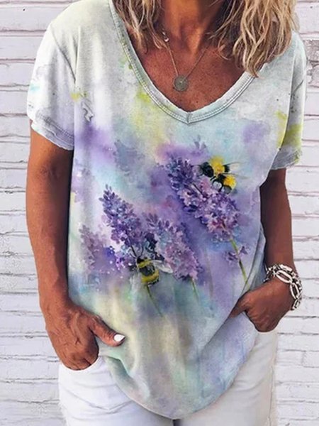 

Painted V Neck Short Sleeve T-Shirt, Multicolor, T-Shirts