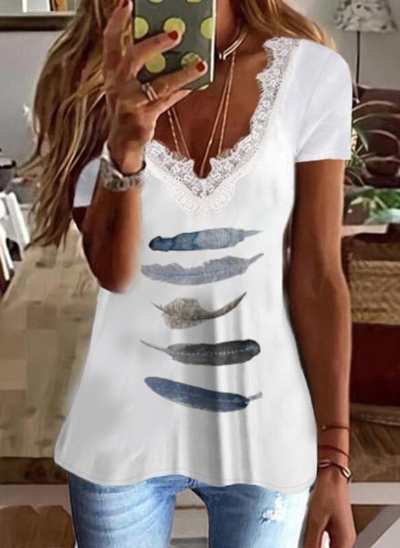 

V Neck Feather Regular Fit Short Sleeve T-Shirt, White, T-Shirts