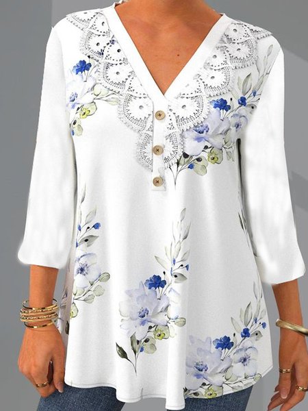 

Floral Printed Lace V Neck LoosenRomantic Tunic Long Sleeve T-Shirt, Flower, T-Shirts