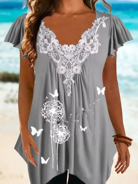 

Cotton Blends Butterfly V Neck Short Sleeve Tops, Gray, T-Shirts
