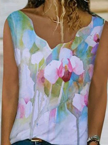 

Romantic Floral Printed Casual Loose Fitting V Neck Knit Tank Tops, Flower, Tank Top