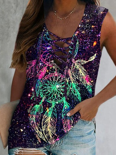 

Feather V Neck Casual Cotton Blends Knit Tank, Purple, Tanks & Camis