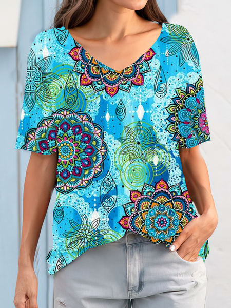 V Neck Boho Short Sleeve T-Shirt, Blue, T-Shirts