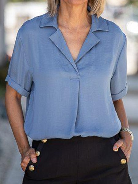 

Shirt Collar Short Sleeve Blouse, Blue, Blouses & Shirts