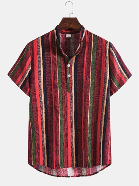 

Men's Linen Stand Collar Print Short Sleeve Shirt, Red, Men's Floral shirt