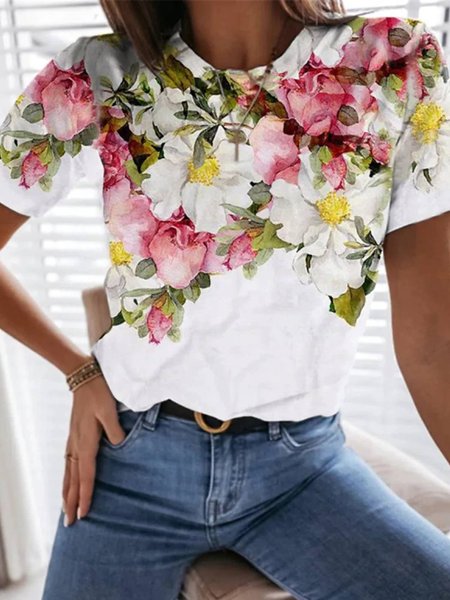 

Casual Floral Short Sleeve T-Shirt, White, T-Shirts