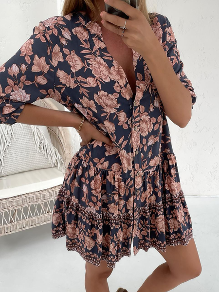 

Plus size Floral Printed Boho Casual Dress, Multicolor, Mini Dresses