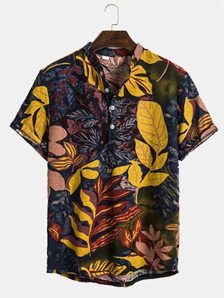 

Men's Linen Hawaiian Print Short Sleeve Shirt, As picture, Shirts ＆ Blouse