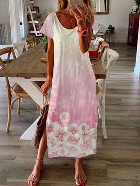 

Vacation Cherry Blossoms Short Sleeve Knit Dress, Pink, Maxi Dresses