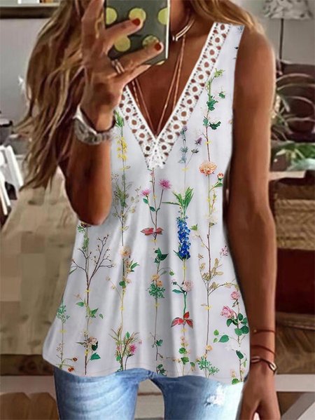 

Floral V neck Boho Knit Tank Tops, White, Tank Top