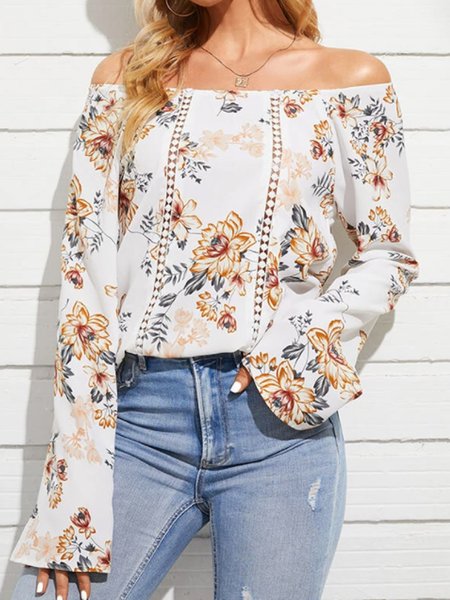 

Loosen Casual Boat Neck Long Sleeve Blouse Tops, White, Tops