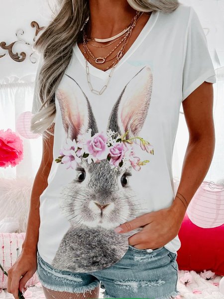 

JFN V Neck Easter Bunny Casual T-Shirt/Tee, White, T-Shirts