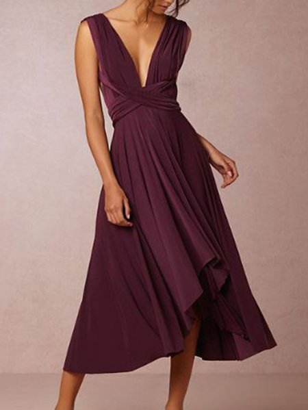 

V neck Asymmetric Short Sleeve Knit Dress, Purple, Formal Dresses