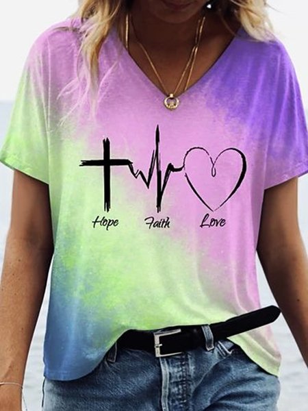 

Casual V Neck Ombre Short Sleeve Loosen T-Shirt, Black, T-Shirts