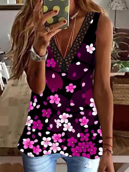 

Casual Floral Sleeveless V Neck Plus Size Printed Tank Tops Top Vests, Rose, Tank Top
